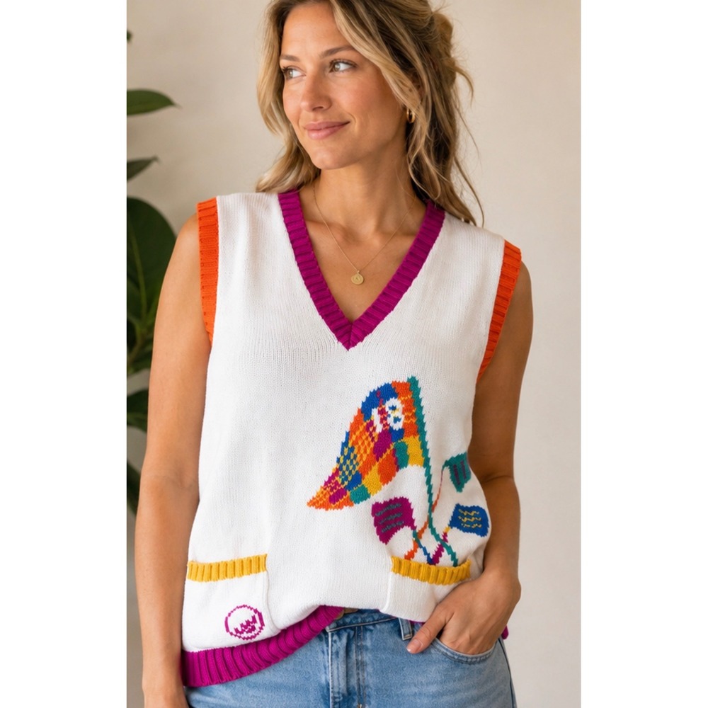 EP Pro Vintage Golf Sweater Vest Womens Medium White Cotton Intarsia V-Neck